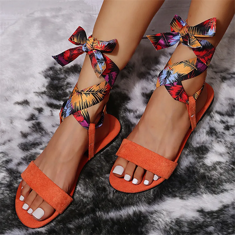 

Women's Gladiator Sandal Woman Flat Cross Tied Casual Shoe Summer Sexy Lady Ankle Wrap Lace Up Footwear Plus Size 43