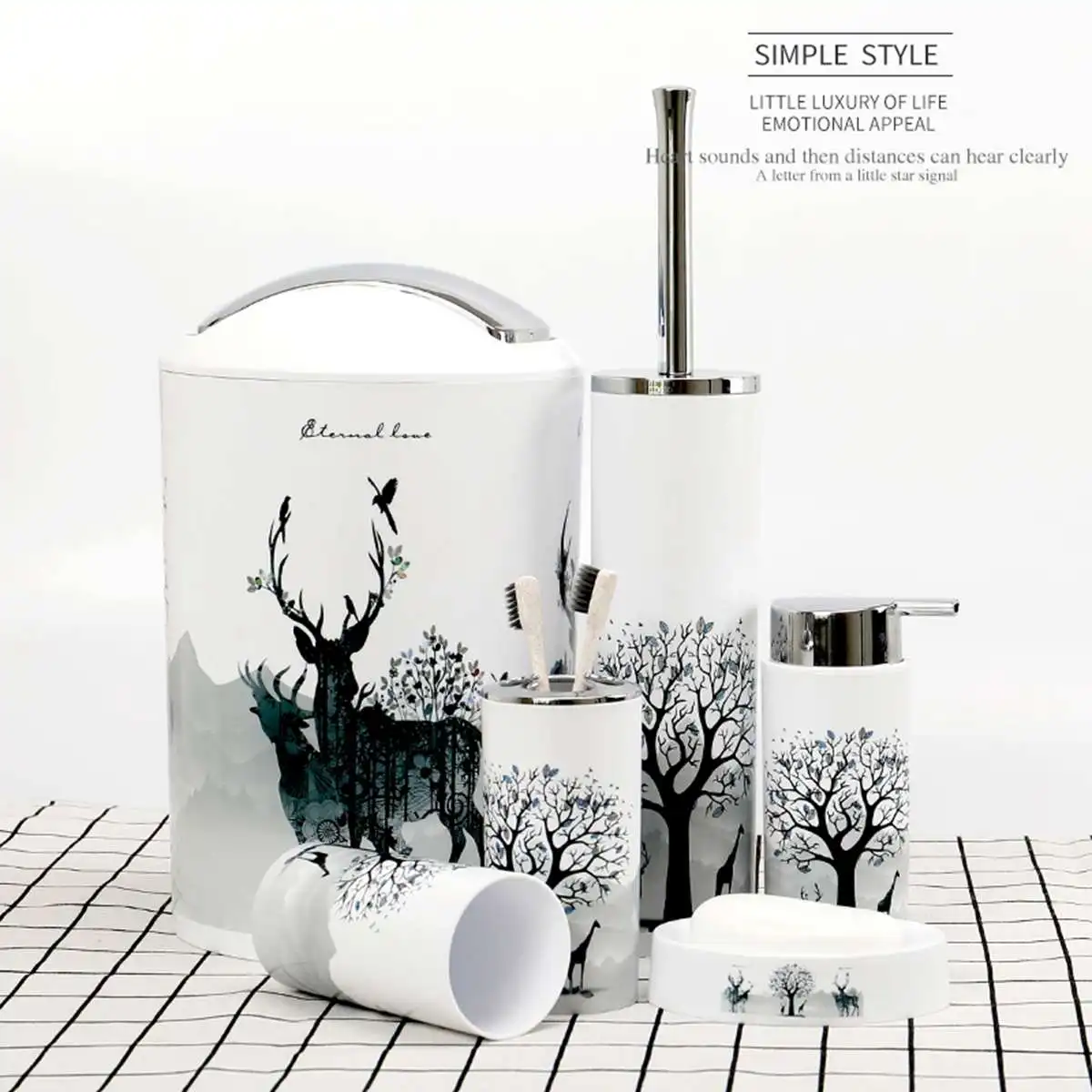 Nordic 6Pcs/Set Printing Bathroom Accessory Set Lotion Dispenser Toothbrush Holder Tumbler Cup Soap Dish Toilet Brush Trash Ca