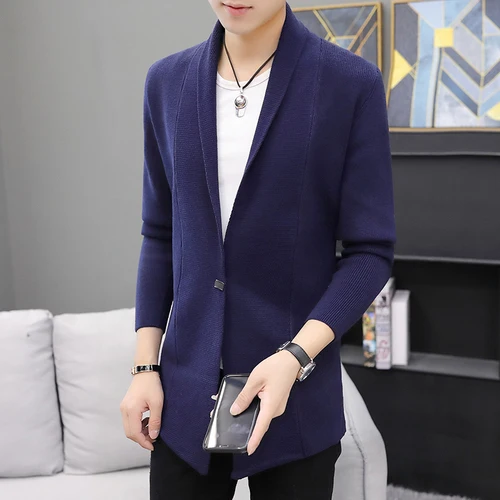 Navy Осенний Тренч мужской длинный свитер кардиган модная куртка Мужская молодежная мода повседневное вязаное пальто Азиатский Размер M-3XL - Цвет: Navy