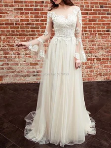 7278 Scoop-neck full-sleeves natural sheath floor-length tulle wedding dresses/gowns 2019appliques&beaded&buttons free shipping