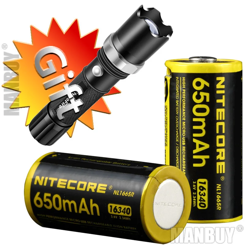 2021 NITECORE 2 шт. NL1665R 650 мАч 16340 CR123 встроенный USB зарядный порт перезаряжаемая литий