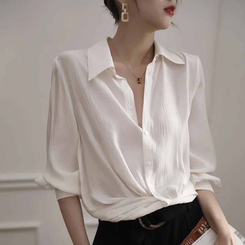 

New Fashion White Pleated Texture Shirt Women's Autumn Dress Blouse Long Sleeve Design Sexy Cool Shirt Cotton Blouse Shirts