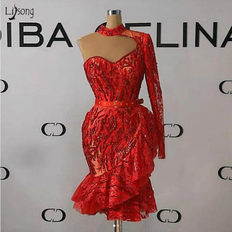Красное вечернее платье на одно плечо с аппликацией и блестками | Женская одежда