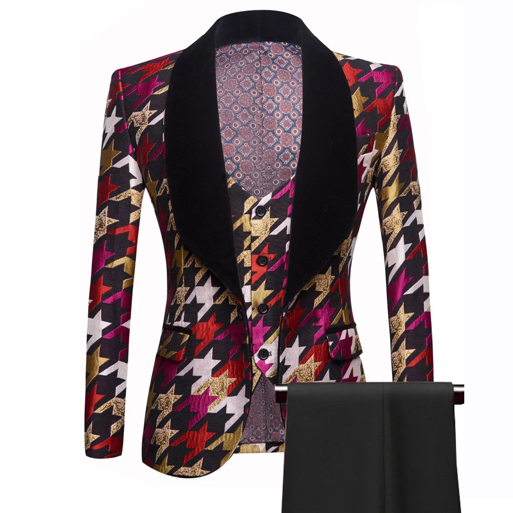 

Новые золотые костюмы с принтом «гусиные лапки» для мужчин, приталенный деловой костюм для выпускного вечера, свадебный смокинг для жениха, шикарный бархатный блейзер с лацканами, жилет, брюки, 3 предмета