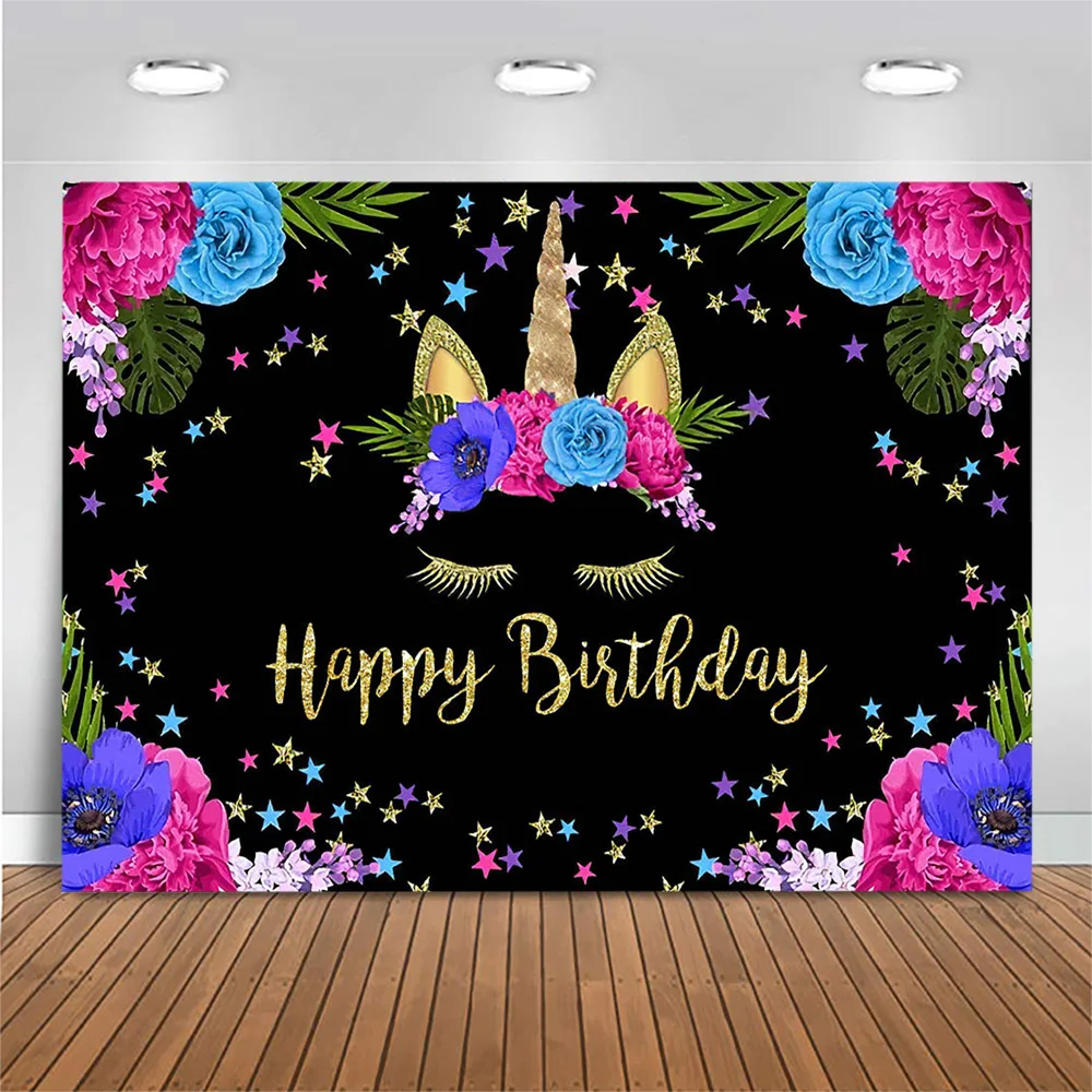 

Фон для фотосъемки с днем рождения, единорог, цветы, зеленые листья, маленькие звезды, декор для вечеринки, баннеры