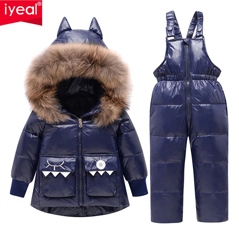 Russia Winter Kids Girls Boys Snowsuit Jumpsuit Baby White Duck Down Jackets Overalls Children Real Raccoon Fur Hooded Clothing