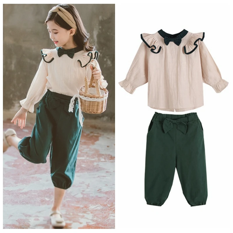 

Toddler Kids Suits 2019 New Child Girls Outfits Vintage Sets Ruffle Girls T-shirt Top Pants Riding BreechesGirls Clothes 3-12T