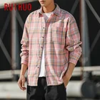 Рубашка RUIHUO мужская повседневная в клетку, приталенная шерстяная блузка с длинным рукавом, модная брендовая искусственная кожа, весна 2022