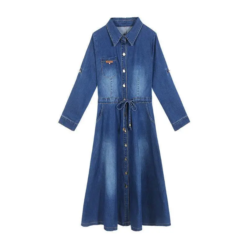 

2020 new denim dress women's autumn temperament fashion waist long-sleeved mid-length a-line skirt