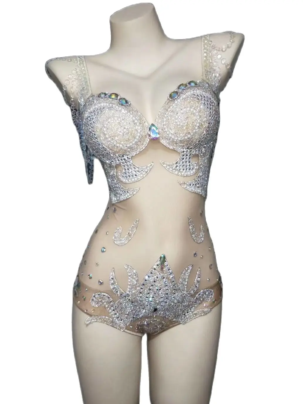

Hollow Out Crystal Rhinestone Jumpsuit Perspective Yarn Bikini Bodysuit Women Nightclub Pool Party Dance Sparkly Bling Rompers