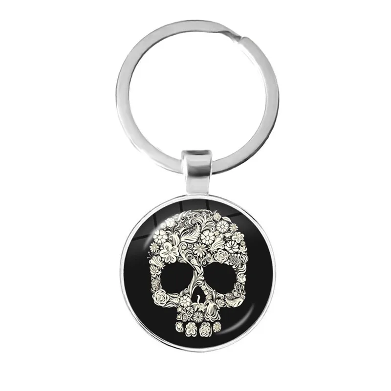 

Vintage Skeleton Sugar Skull Keychain Mexico Folk Art Patterns Glass Pendant Key Chain Day of the Dead Jewelry Holiday Gift