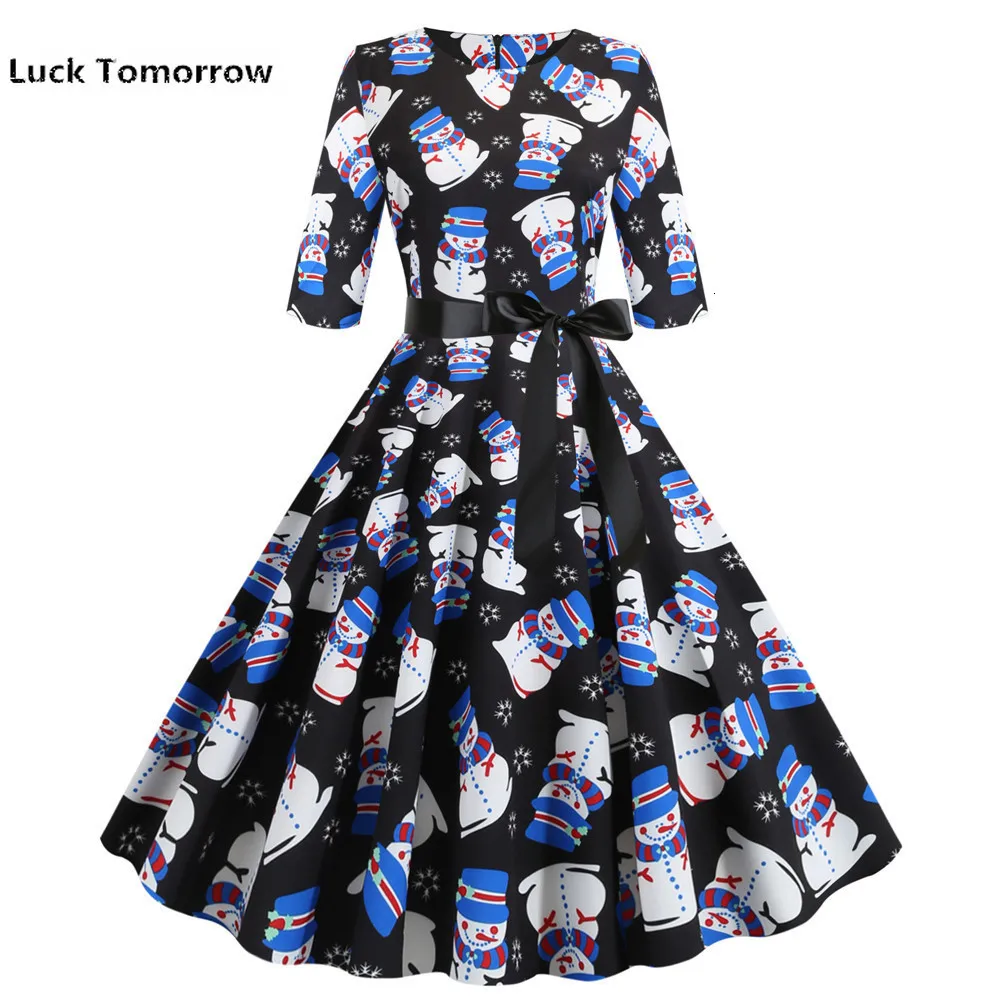 Рождественское винтажное платье с принтом снеговика для женщин зима осень 50 s 60