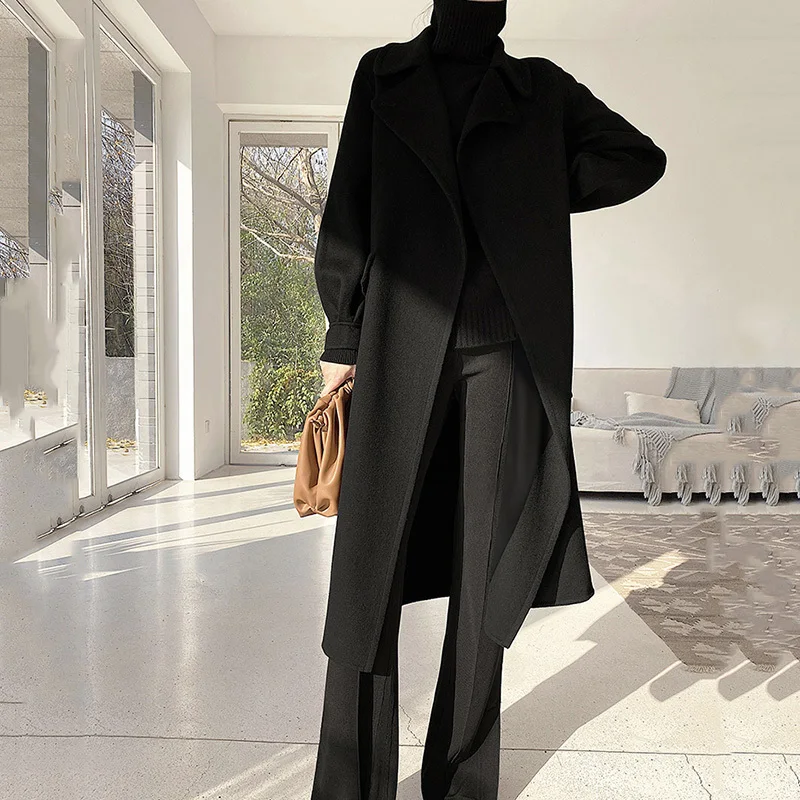 

[EAM] Loose Fit Black Brief Warm Belt Long Woolen Coat Parkas New Long Sleeve Women Fashion Tide Autumn Winter 2021 1DD1127