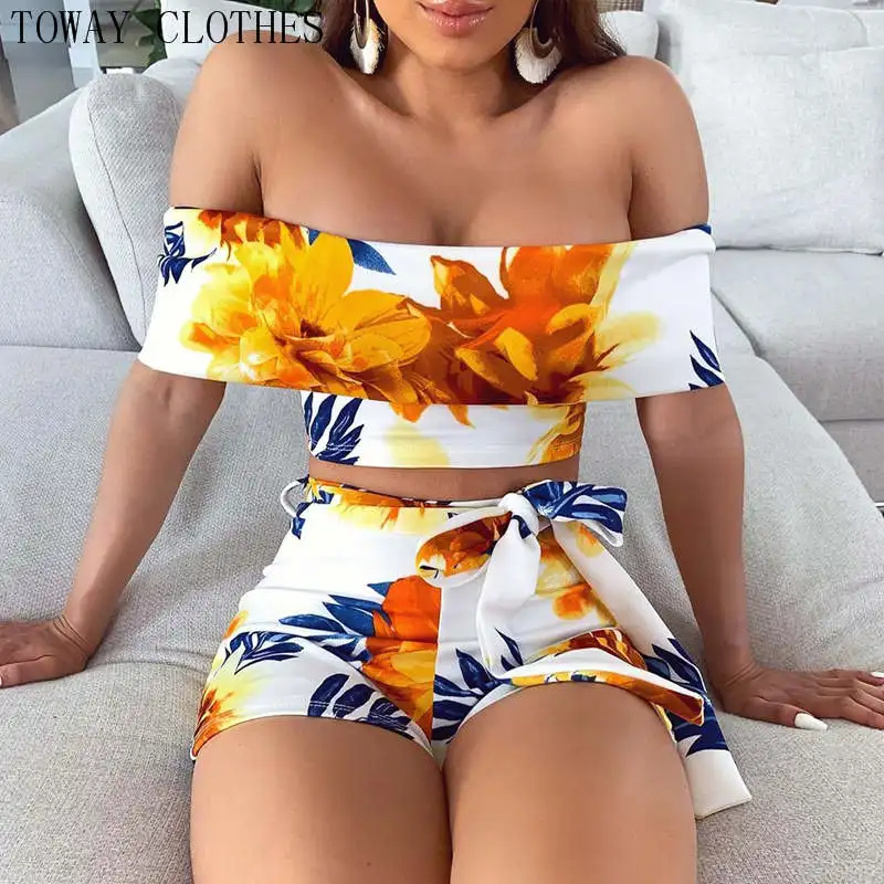 Укороченный топ с цветочным принтом и шорты в стиле бохо женский пляжный