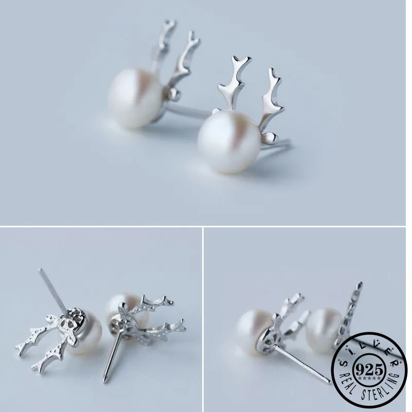 

925 Sterling Silver 6mm Natural Freshwater Pearl Earings Cute Deer Ear Studs Earrings for Women Christmas Gifts Fine Jewelry