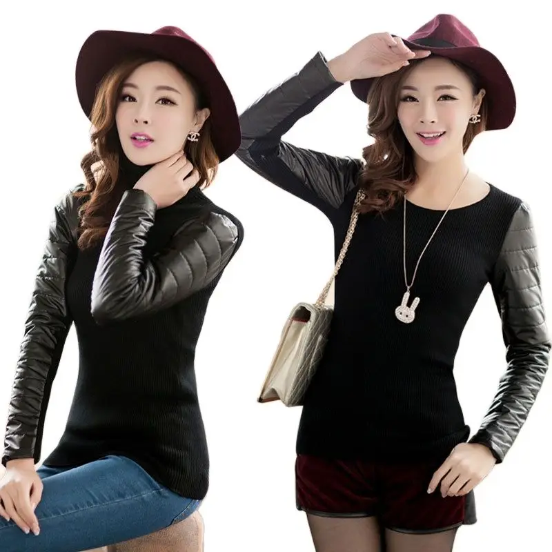 Женский свитер с воротником-хомутом из искусственной кожи зимний | Женская