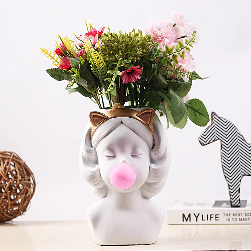 Creative Cartoon Cement Bubble Gum Girl Vase Ornaments Decorartion Home Desktop Flower Pots Succulent Hotel Table Statue Crafts