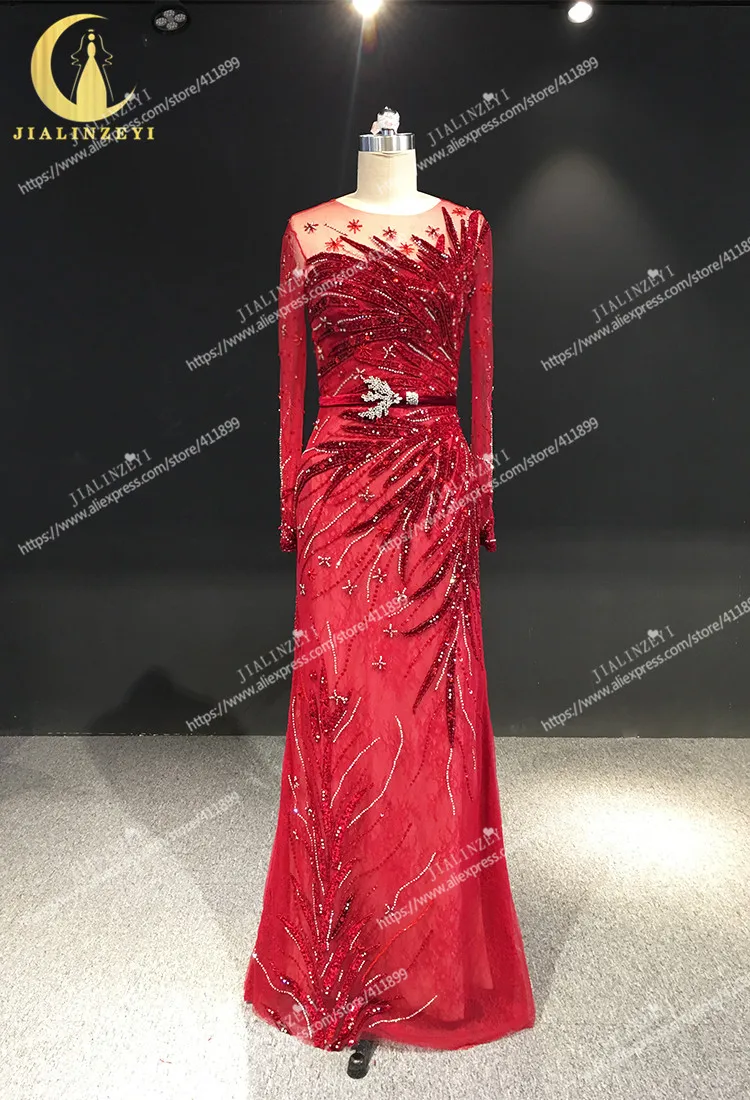 JIALINZEYi Hot Sale Real pictures wine red long sleeves Luxurious Beads Crystal Floor Length Party dress Evening dresses | Свадьбы и