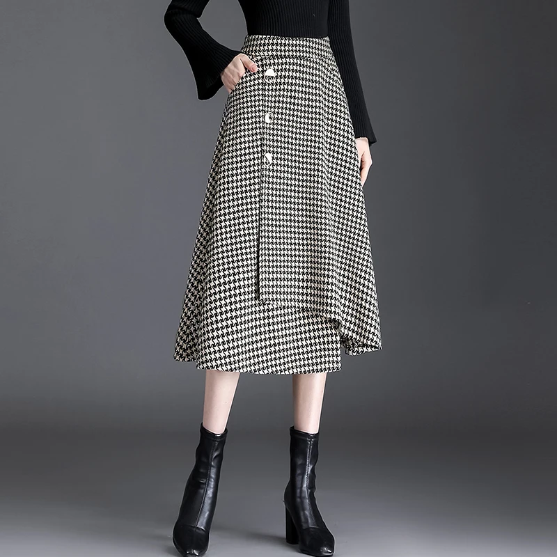 

Клетчатая Шерстяная Юбка Для Женщин, осенне-зимняя Асимметричная офисная Дамская одежда с пуговицами и высокой талией, юбки средней длины