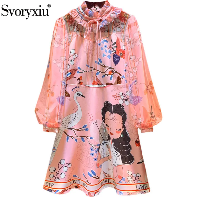 

Svoryxiu 2020 New Designer Fashion Autumn Lantern Sleeve Dresses Women's Bow Stand Collar Cartoons Character Print Pink Dress