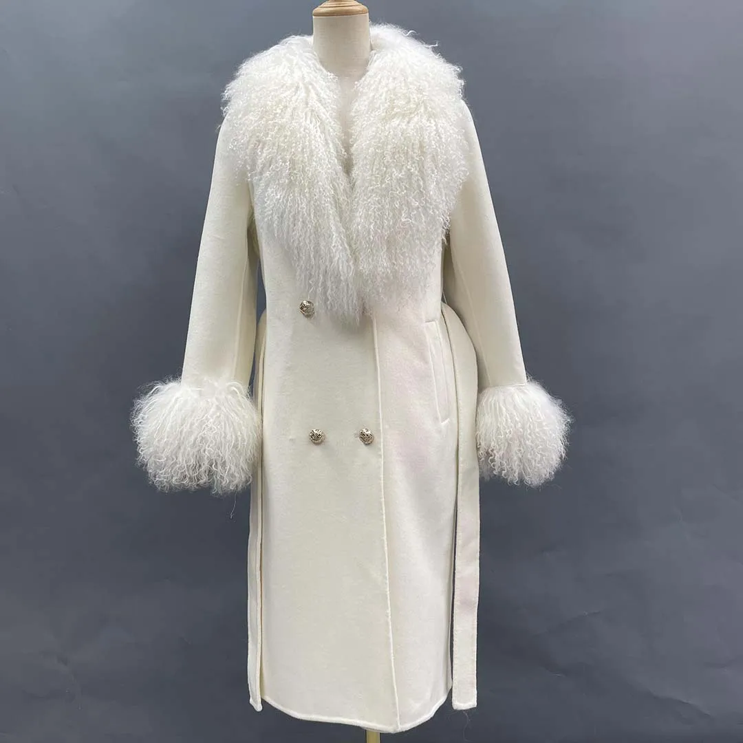 

Winter Mongolian Fur Cashmere Outwear Fashion Shawl Collar Wool Overcoat High Quality Warm Women Coat