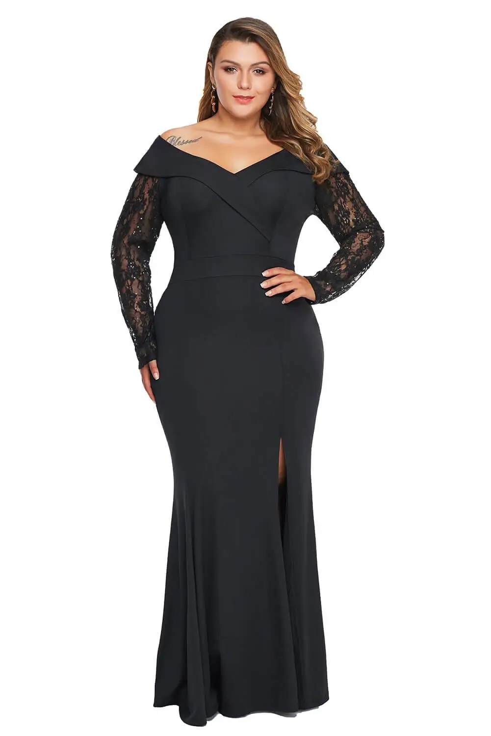Adogirl XL-5XL с бисером и кружевными рукавами, с открытыми плечами, плюс размер, вечернее платье, элегантное женское платье с v-образным вырезом, с высоким разрезом, облегающее длинное вечернее платье