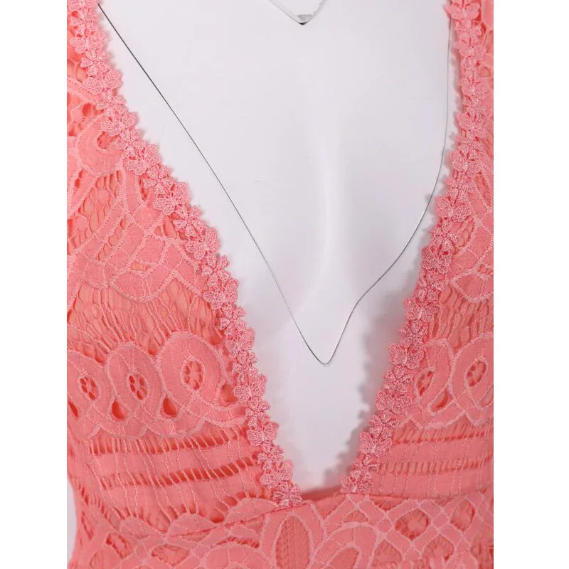 

Elegant Women Pink Dress Long Sleeve Deep V neck Hollow Out Plunge Mesh Lace Bodycon Dress