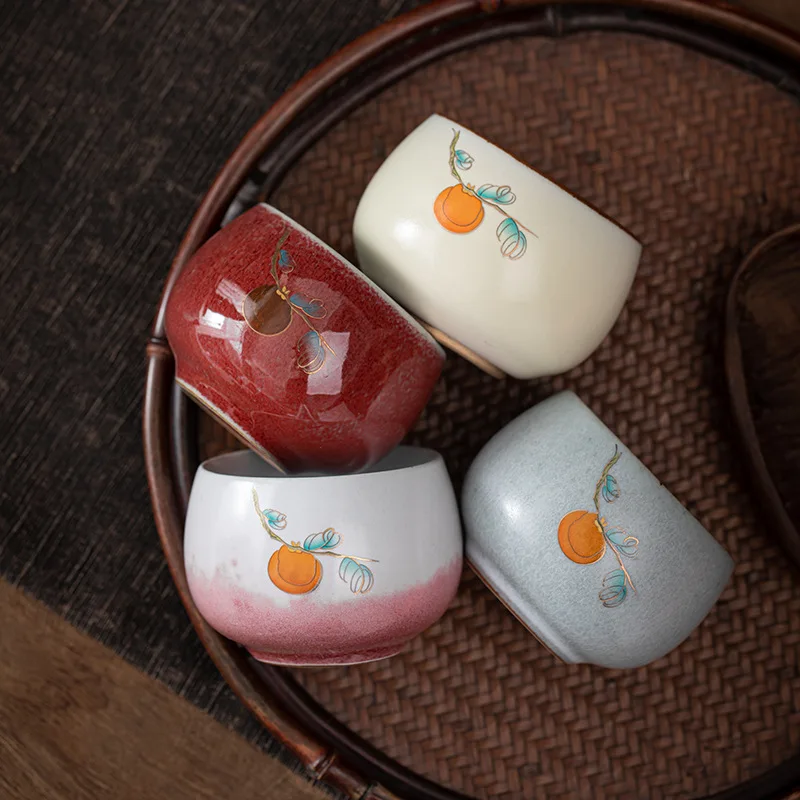 

Good Things Happen 4 Cups Set Japanese Ceramic Kung Fu Teacup Persimmon Single Cup Business Gift Gift Box