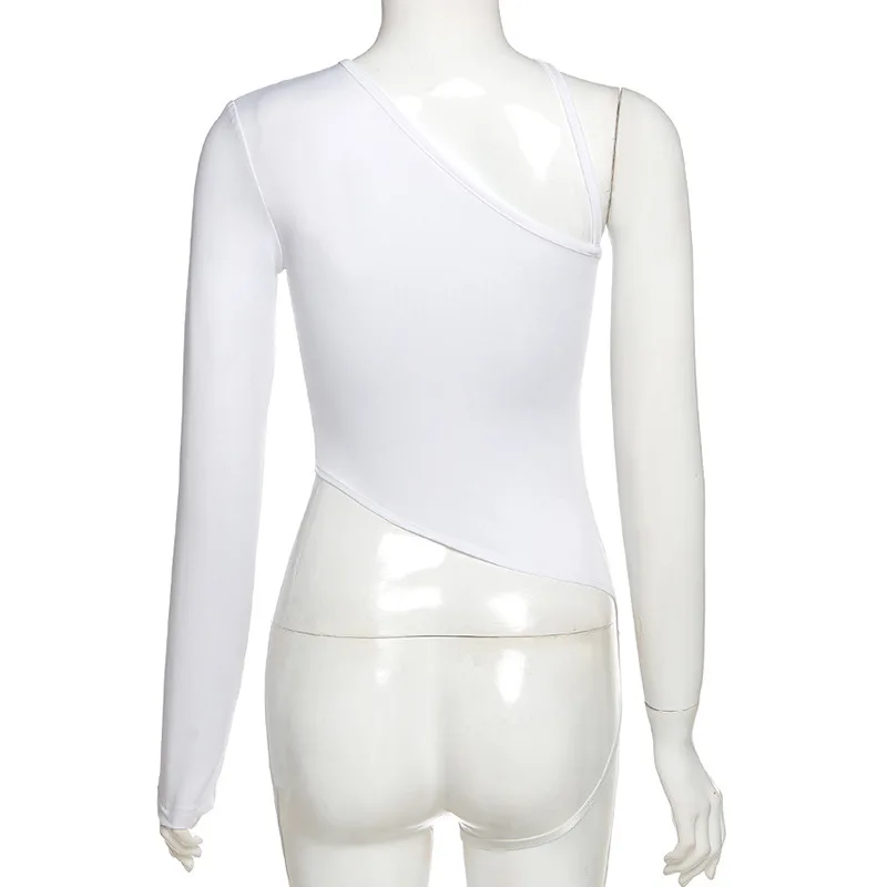 

ALLNeon Cyber Y2K Cut Out Cropped Tops Vintage One-Shoulder Long Sleeve White T-shirts Y2K Aesthetics Outfits Streetwear Slim