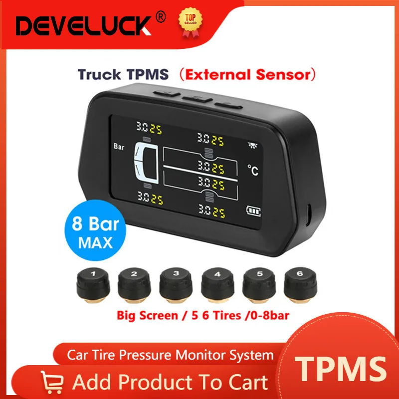TPMS for Truck Bus Big Screen Display LED ColorTire Pressure Monitoring System Alarm  5 6 Tires USB Solar power Recharge 0-8bar