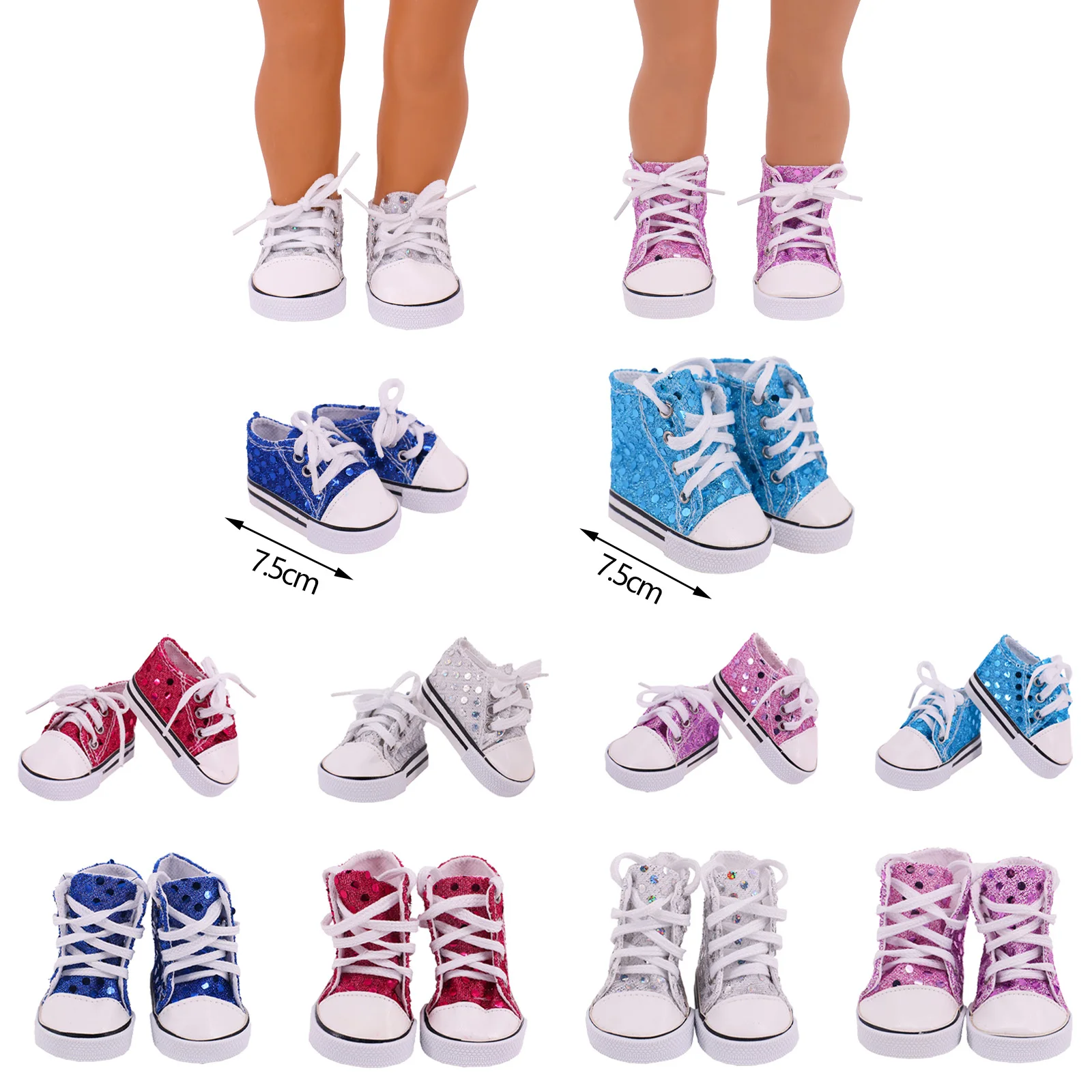 

43Cm Doll Lace-up Canvas Shoes 7.5Cm Fashion Sequin Shoes For 18Inch American Doll Polka Dot Sequins Shoes For Our Generation