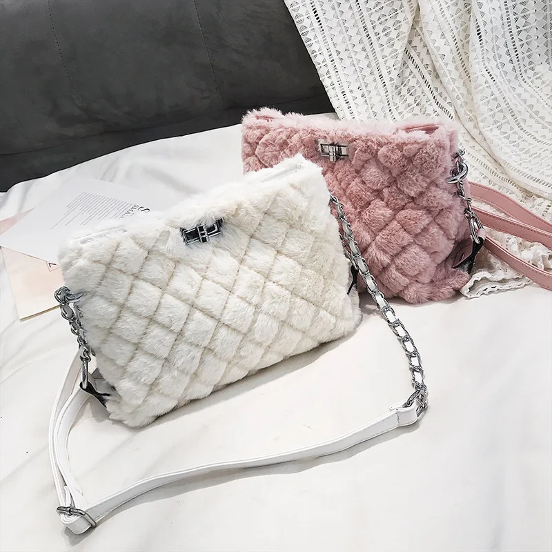 Меховая женская сумка новинка 2019 бархатная клетчатая цепочка маленькая