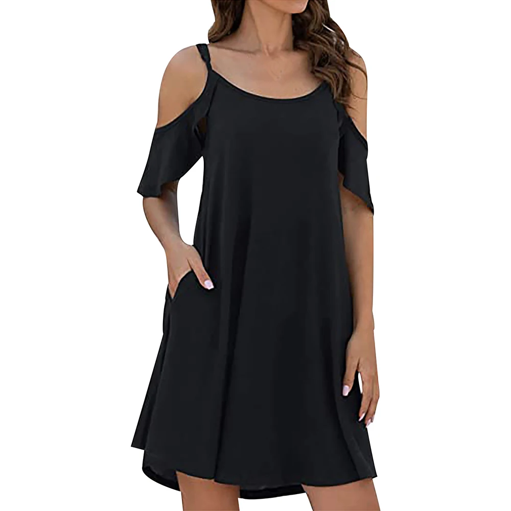 

Black Sexy Hollow Out Design Party Dress Women Elegant Off Shoulder Halter A-Line Dress Summer Vintage Print Casual Dress D30