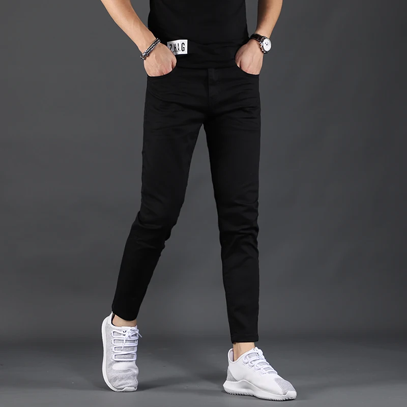 Men Pure Black Jeans Summer Thin Cotton Stretch Slim Fit Ankle-Length Pants