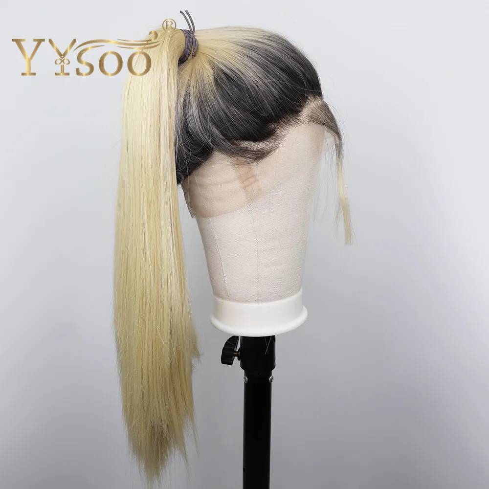 YYsoo T1b/613 длинные прямые полностью кружевные парики для женщин без клея полностью связанный вручную Ombre блонд синтетический парик с BabyHair конский хвост