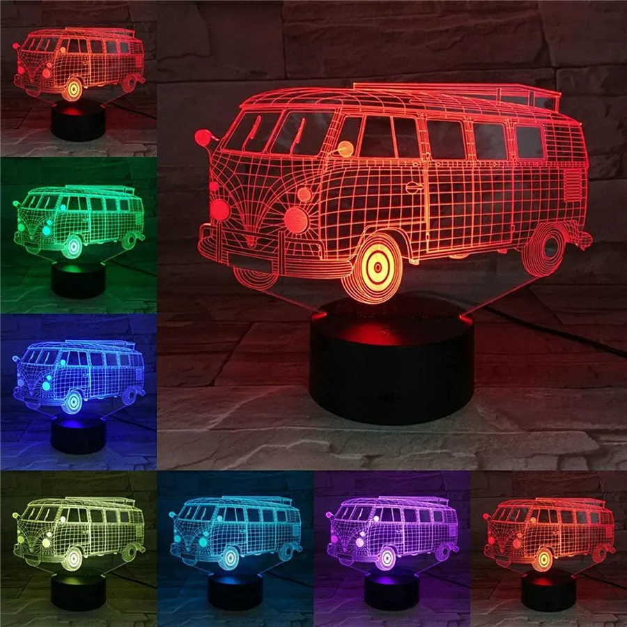 USB / Battery Powered 3D Bus Acrylic Illusion Night Light Colorful Desk Bedside Decoration for Bedroom,Party,Holiday