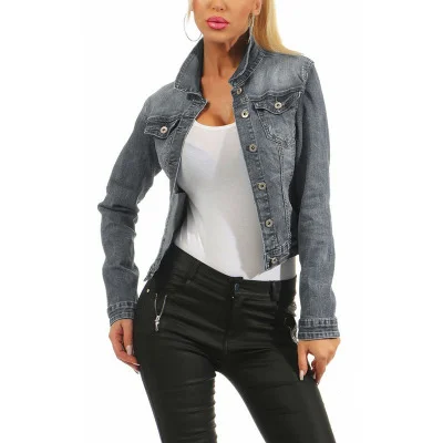 

Womens Blue Denim Mid Wash Long Sleeve Light Button Mid Length Jean Jacket