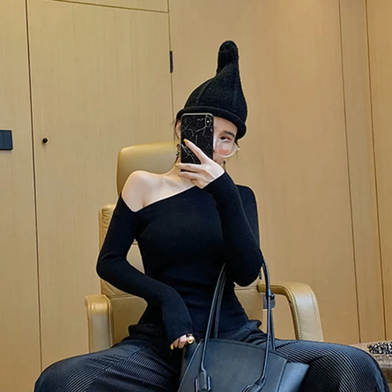 LANMREM 2020 Весна Новый сексуальный косой воротник плечевой ремень стрейч с длинными