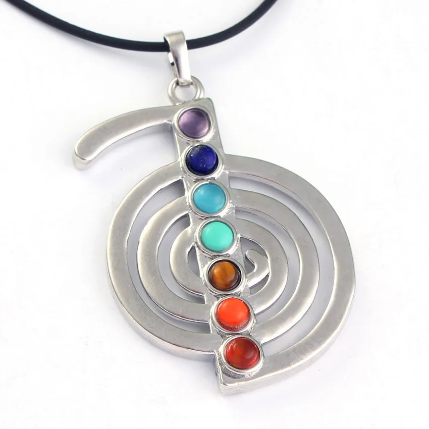 

FYJS Unique Silver Plated Eight Diagrams with 7 Stone Beads Pendant ReiKi Healing Chakra Necklace Spiritual Jewelry