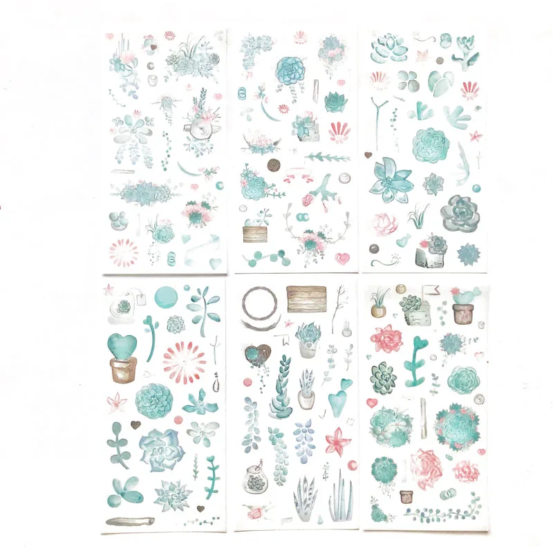 

6 Sheets /Pack Summer Time Green Succulent Plants DIY Decorative Stickers Decoration