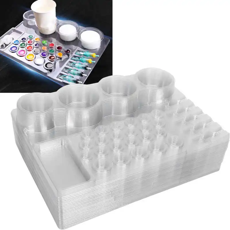 

24 шт. одноразовые пластиковые прозрачные чернила для татуировок, лоток для пигмента, игла для татуировок, палитра с держателем, подставка, п...