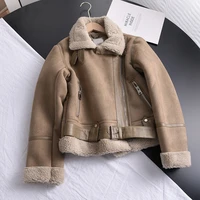 inverno feminino grosso quente jaqueta de cordeiro curto da motocicleta marrom casacos falso shearling pele carneiro jaquetas