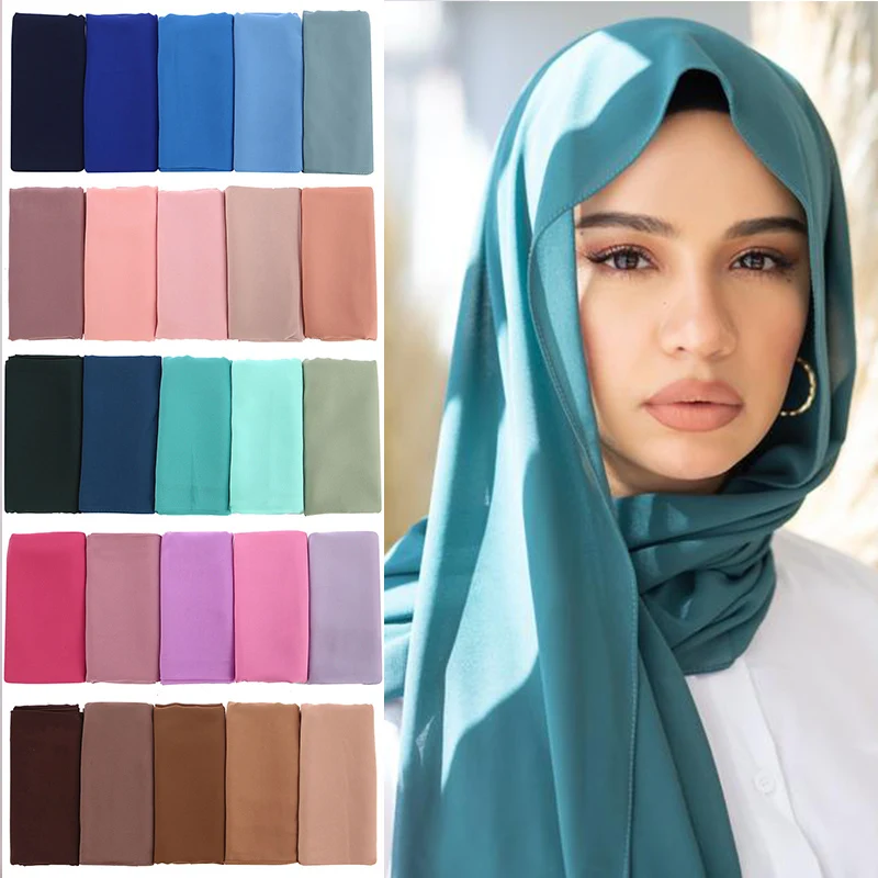 Muslim Chiffon Hijab Scarf Women Plain Color Headband Soft Long Shawls and Wraps Islamic Head Scarves Ladies Hijabs Black Scarf