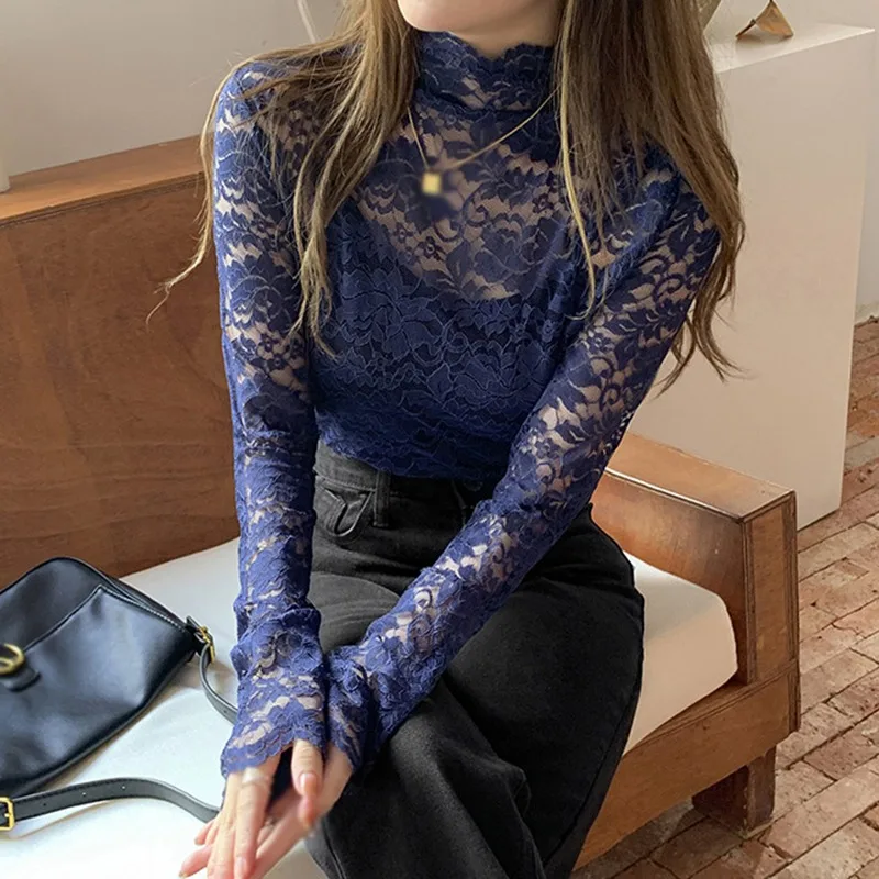

Women Shirts Sexy Lace Hollow Solid Color Tops Korean Fashion Turtleneck Tops Lady Long Sleeve Jacquard Shirts