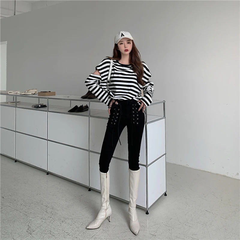 

2021 Hot Sale High Waist Women Jeans Chic Fashion Stretch Skinny Trousers 2020 Autumn Cross Lace Casual Jeans