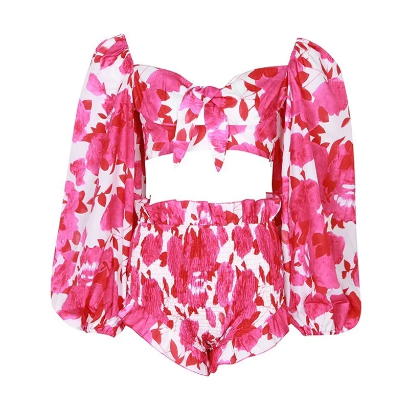 

TWOTWINSTYLE Print Sexy Two Piece Set Women Square Collar Lantern Sleeve Crop Tops High Waist Slim Shorts Female Suit Summer