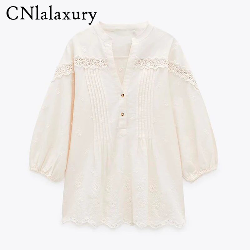 

CNlalaxury 2021 New Summer Women Blouse Women Vintage Three Quarter Lace V-Neck Button Embroidery Top Blusas Office Work Shirts