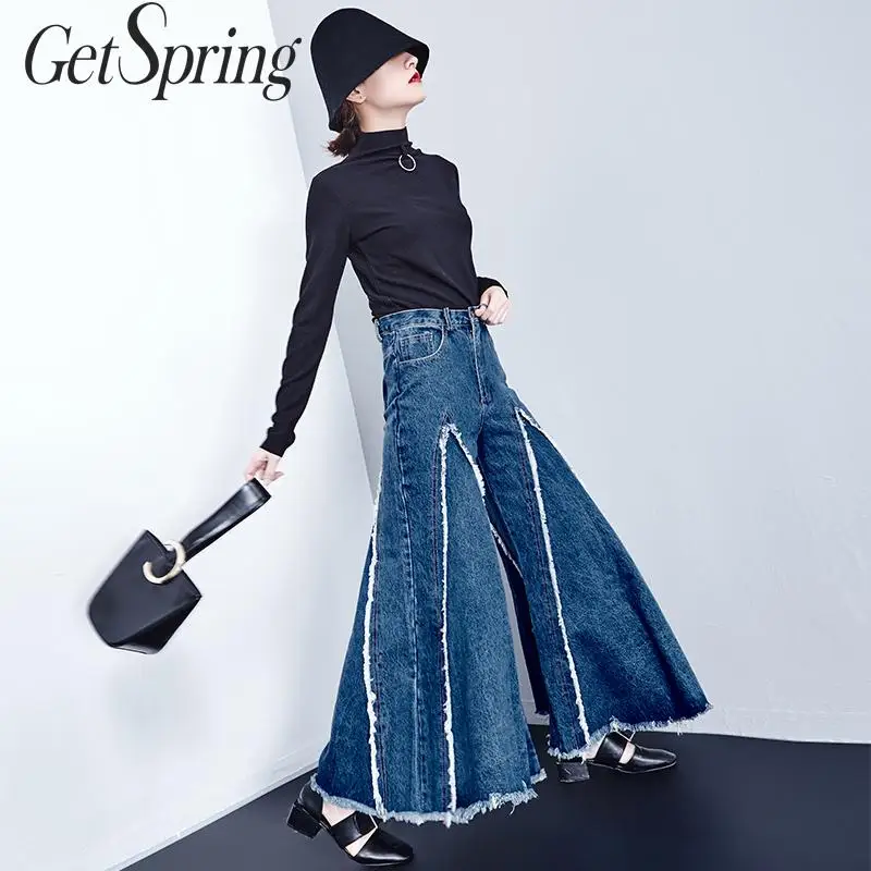 GETSPRING женские брюки асимметричные расклешенные джинсовые подходящие к цвету