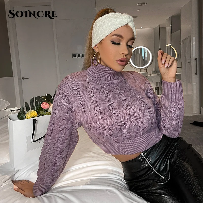 

Autumn Winter Fashion Turtleneck Purple Sweater Women 2021 Y2K Solid Color High Street Long Sleeve Knit Pullover Casual Warm Top