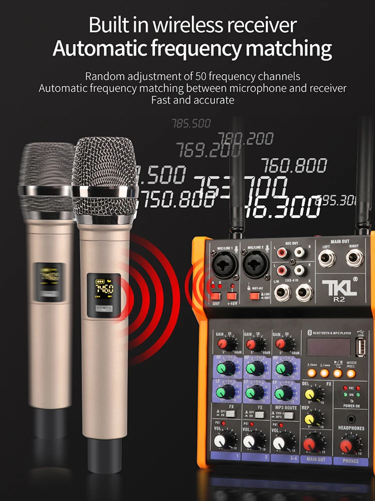 TKL аудио микшер UHF микрофон Bluetooth USB DJ звуковая микшерная консоль 4 канала 48 В